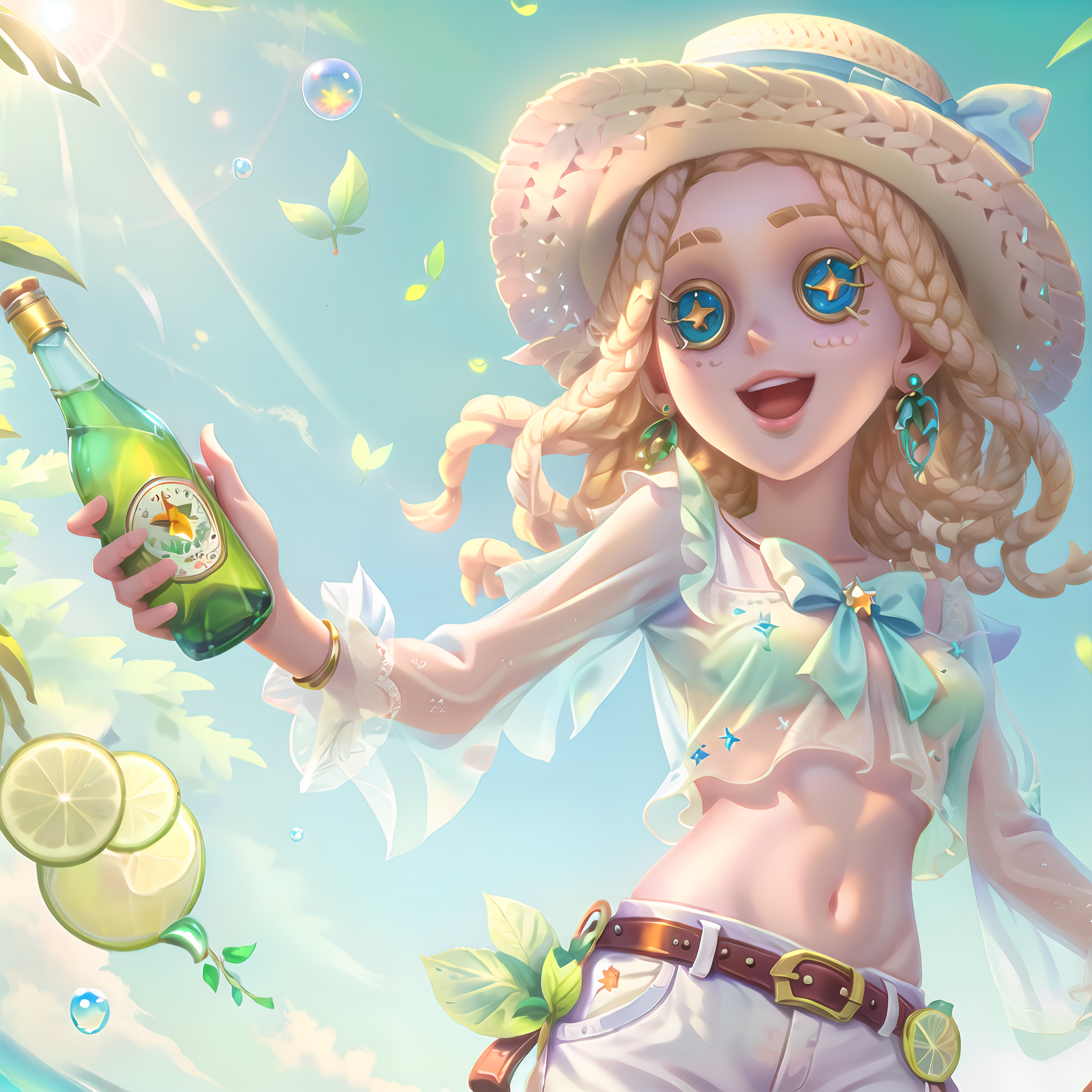 masterpiece, best quality, identity v, button eyes, 
1girl, solo, hat, jewelry, navel, see-through, shorts, blonde hair, m...